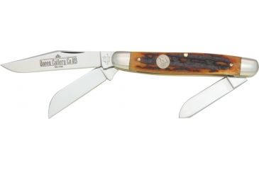 Image of Queen Large Stockman Fold Knife, D2 steel clip, spey and sheepsfoot blade, Aged honey amber stag bone handle QN9ACSB