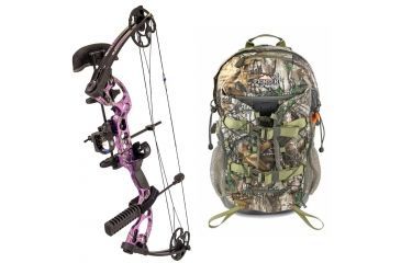 Image of Quest Radical Bow Pkg., RT AP Purple 17.5-30in 70lb LH, RA.PKG.L.25.40-PL W/ Vanguard L Hunting Backpack-Realtree Camo