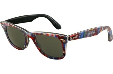 Image of Ray-Ban Original Wayfarer Sunglasses RB2140, Top Texture Plaid on Black Frame, Green Lenses, 1135-5022