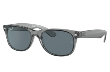 Image of Ray-Ban RB2132 New Wayfarer Sunglasses, Transparent Grey Frame, Dark Blue Lens, Polarized, 52, RB2132-64503R-52