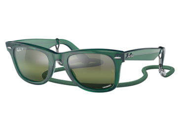 Image of Ray-Ban RB2140 Original Wayfarer Sunglasses, Transparent Green Frame, Silver/Green Chromance Lens, Polarized, 50, RB2140-6615G4-50