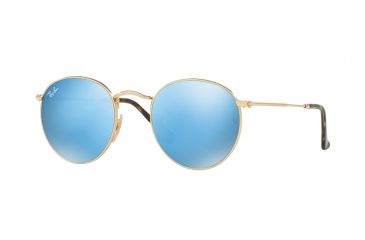 Image of Ray-Ban ROUND METAL RB3447N Sunglasses 001/9O-47 - Shiny Gold Frame, Light Blue Flash Lenses