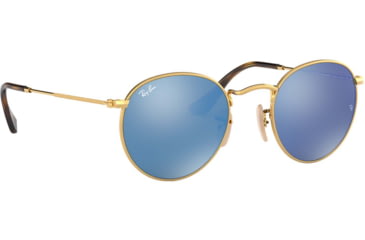 Image of Ray-Ban ROUND METAL RB3447N Sunglasses 001/9O-50 - Shiny Gold Frame, Light Blue Flash Lenses