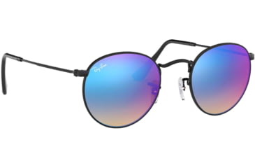 Image of Ray-Ban Round Metal Sunglasses - Mens, Shiny Black Frame, Mirror Gradient Blue 50 mm Lenses, RB3447-002-4O-50