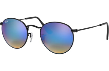 Image of Ray-Ban Round Metal Sunglasses - Mens, Shiny Black Frame, Mirror Gradient Blue 50 mm Lenses, RB3447-002-4O-50