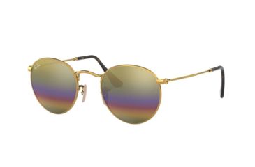 Image of Ray-Ban Round Metal Sunglasses - Men's, Gold Frame, Light Grey Mirror Rainbow 3 53 mm Lenses, RB3447-001-C4-53