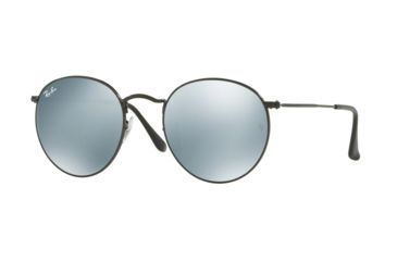 Image of Ray-Ban Round Metal Sunglasses - Men's, Black Frame, Light Green Mirror Silver 53 mm Lenses, RB3447-002-30-53