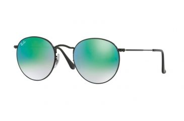 Image of Ray-Ban Round Metal Sunglasses - Men's, Shiny Black Frame, Mirror Gradient Green 50 mm Lenses, RB3447-002-4J-50