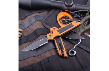 Image of Real Steel Sacra TAC Folding Knife, 3in, Steel, Serrated, Tanto, G10 Handle, Orange, 7713OB