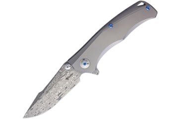 Image of Reate Knives 055 New Torrent Framelock Folding Knife, 3.5in Damasteel Blade, Bead Blast Finish Titanium Handle, Thumb Stud, Pocket Clip, Black Nylon Case, REA055
