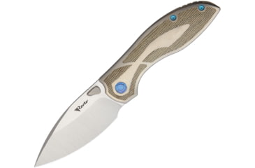 Image of Reate Knives Iron Framelock Folding Knife, Thumb stud, Blue, Gray, Gray titanium handle with green micarta inlay, IRON BL GRN SATIN