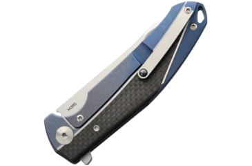 Image of Reate Knives K1 Blue Linerlock Folding Pocket Knife, 3.88in Satin Bohler M390 SS Blade, Blue Titanium Handle, Pocket Clip, Carbon Fiber Handle Inlay, Black Nylon Case, K1BLUE SATIN
