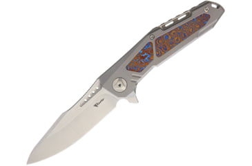 Image of Reate Knives K3 Framelock Mokuti Folding Knife, 4in Satin Cts-204P SS Drop Point, Gray Titanium Handle, Pocket Clip, Mokuti Handle Inlay, Black Nylon Case, K3DPSM