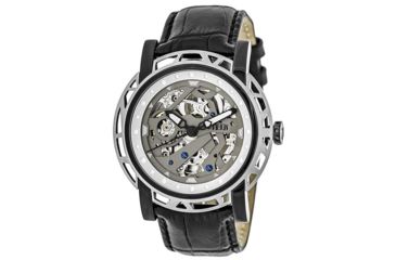 Image of Reign Mens Stavros Automatic Skeleton Dial Crocodile-Embossed Leather Strap Watch Silver Bezel, Black/Circle-shaped Case, Grey/analog Dial, Black Hands REIRN3704