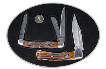 Image of Remington Tin Collector 2-Knife Gift Set, American Tradition Set, 3 1/2in Lockback, Stockman, Stone Washed V-Flat Blades, Coffee Brown Bone Handle, 15682