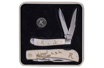 Image of Remington Tin Collector 2-Knife Gift Set Folding Knife, Mallard Duck Set, 2.75in Peanut, 3 1/2in Lockback, 8Cr13Mov Stainless Steel V-Flat Blades, White Bone Handle w/ Etched Waterfowl Scene, 15686