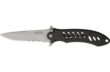 Image of Remington Large FAST Fold Knife, 440 stainless partially serrated clip point black , Stainless handles with black rubber overcoat R18220