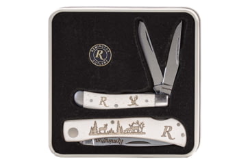 Image of Remington Tin Collector 2-Knife Gift Set, Mule Deer Set, 2 3/4in Peanut, 3 1/2in Lockback, 8Cr13Mov Stainless Steel V-Flat Blades, White Bone Handle with etched Mule Deer scene, 15685