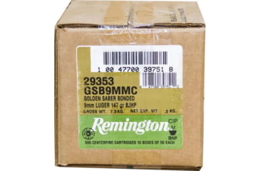 Image of Remington Premier Golden Saber 9mm Luger 147 Grain Bonded Brass Jacketed Hollow Point Nickel-Plated Brass Cased Pistol Ammo, 500 Rounds, 29353