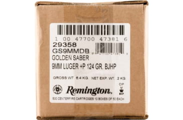 Image of Remington Premier Golden Saber 9mm Luger +P Brass Jacketed Hollow Point Nickel-Plated Brass Cased Pistol Ammo, 500 Rounds, 29358