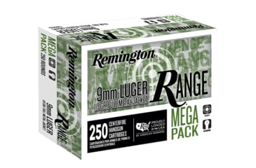 Image of Remington Range 9mm Luger 115 Grain Full Metal Jacket Brass Cased Pistol Ammo, 250 Rounds, R23975