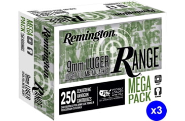 Image of Remington Range 9mm Luger 115 Grain Full Metal Jacket Brass Cased Pistol Ammo, 750 Rounds