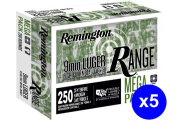 Image of Remington Range 9mm Luger 115 Grain Full Metal Jacket Brass Cased Pistol Ammo, 1250 Rounds