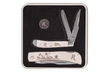 Image of Remington Tin Collector 2-Knife Gift Set, Wild Turkeys Set, 2 3/4in Peanut, 3 1/2in Lockback, 8Cr13Mov Stainless Steel V-Flat Blades, White Bone Handle with etched wild turkey scene, 15687