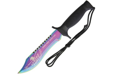 Image of Renegade Tactical Steel Rainbow Tactical Bowie Knife, 12in Overall, 7in Spectrum Finish SS Sawback Blade, Black Checkered Synthetic Handle, Black Nylon Sheath, RT145
