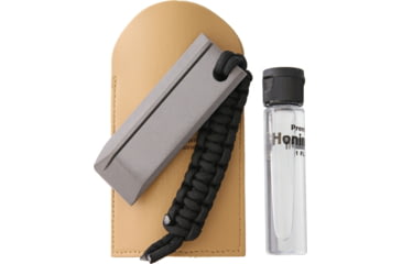 Image of RH Preyda Tactical Stone Hard Ark, 4in Overall, Hard Black Arkansas Stone With Black Cord Lanyard, Includes 1Oz Bottle Premium Honing Oil, Brown Leather Sleeve, Boxed With Hanging Tab, Black, 30499