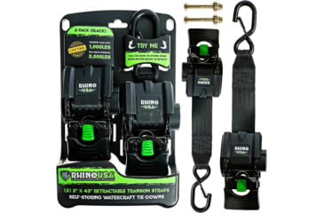 Image of Rhino USA 2x43in Retractable Transom Tie-Down Straps 2-Pack, Powder Coat, Black, One Size, TD-MSTR2X43-BLK