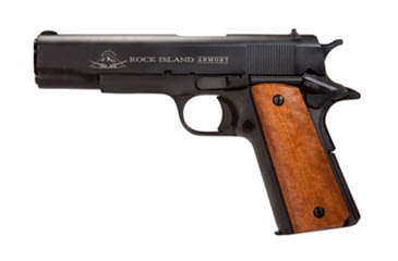 Image of Rock Island Armory 1911-GI-Standard Pistol, 9mm Luger, 5 in barrel, parkerized steel frame, smooth wood grip, recoil operated semi-automatic, single-action, grip safety, manual thumb safety, fixed combat, 9 round magazine, RIA-1911-GI-STND-5-FRRMPG