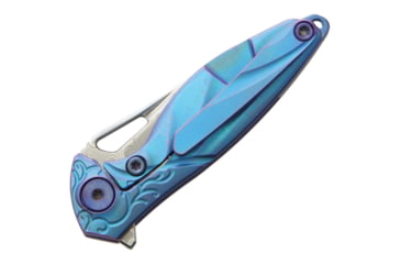 Image of Rike Knife Hummingbird Framelock Folding Knife, 1.63in Damasteel Ds93X Drop Point, Blue Anodized Titanium Handle, Thumb Pull, Pocket Clip, Black Kydex Neck Sheath, MINI BLUE