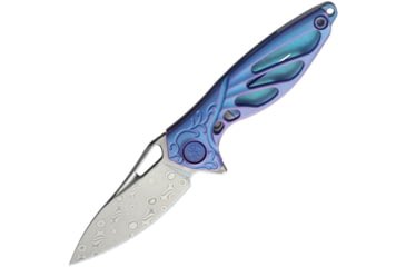 Image of Rike Knife Hummingbird Framelock Folding Knife, 1.63in Damasteel Ds93X Drop Point, Blue Anodized Titanium Handle, Thumb Pull, Pocket Clip, Black Kydex Neck Sheath, MINI BLUE