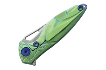 Image of Rike Knife Hummingbird Framelock Folding Knife, 1.63in Damasteel Ds93X Drop Point, Green Anodized Titanium Handle, Thumb Pull, Pocket Clip, Black Kydex Neck Sheath, MINI GREEN