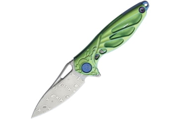 Image of Rike Knife Hummingbird Framelock Folding Knife, 1.63in Damasteel Ds93X Drop Point, Green Anodized Titanium Handle, Thumb Pull, Pocket Clip, Black Kydex Neck Sheath, MINI GREEN