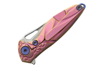 Image of Rike Knife Hummingbird Framelock Folding Knife, 1.63in Damasteel Ds93X Drop Point, Pink Anodized Titanium Handle, Pocket Clip, Thumb Pull, Black Kydex Neck Sheath, MINI PINNK