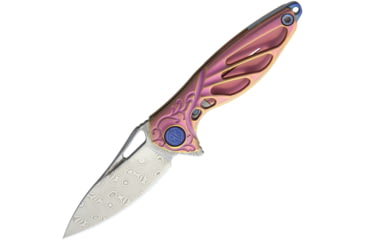 Image of Rike Knife Hummingbird Framelock Folding Knife, 1.63in Damasteel Ds93X Drop Point, Pink Anodized Titanium Handle, Pocket Clip, Thumb Pull, Black Kydex Neck Sheath, MINI PINNK