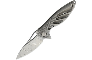 Image of Rike Knife Hummingbird Framelock Folding Knife, 1.63in Damasteel Ds93X Drop Point, Satin Titanium Handle, Pocket Clip, Thumb Pull, Black Kydex Neck Sheath, MINI PLAIN