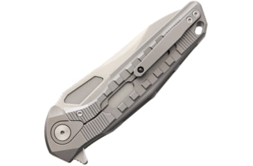 Image of Rike Knife Thor 3 M390 Blade Framelock Folding Pocket Folding Knife, 3.75in Satin Bohler M390 SS Modified Tanto Blade, Gray Sculpted Titanium Handle, Brown Leather Sleeve, Black Nylon Case, THOR3