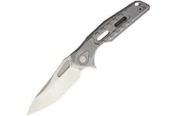 Image of Rike Knife Thor 3 M390 Blade Framelock Folding Pocket Folding Knife, 3.75in Satin Bohler M390 SS Modified Tanto Blade, Gray Sculpted Titanium Handle, Brown Leather Sleeve, Black Nylon Case, THOR3