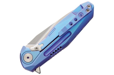 Image of Rike Knife Thor 4 M390 Blade Framelock Folding Pocket Folding Knife, 2.5in Satin Bohler M390 SS Drop Point, Blue Anodized Titanium Handle, Pocket Clip, Brown Leather Sleeve, THOR4S-BLUE