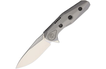 Image of Rike Knife Thor 4 M390 Blade Framelock Folding Pocket Folding Knife, 2.5in Satin Bohler M390 SS Drop Point, Gray Titanium Handle, Pocket Clip, Brown Leather Sleeve, Black Nylon Case, THOR4S