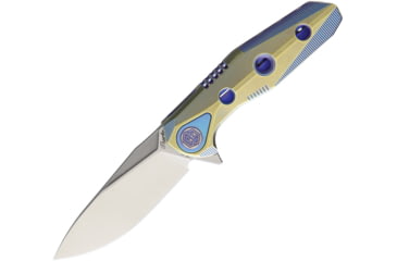 Image of Rike Knife Thor 4 M390 Blade Framelock Folding Pocket Folding Knife, 2.5in Satin M390 SS Drop Point, Anodized Titanium Handle, Pocket Clip, Blue/Gold Handle, Brown Leather Sleeve, THOR4S/GOLD BLUE
