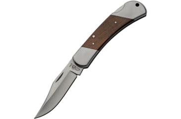 Image of Rite Edge Lockback Brown Wood Folding Knife, 5in Closed, 3.88in Satin 440C Clip Point Blade, Brown Wood Handle, Leather Sheath, RUC-4000WD
