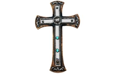 Image of River's Edge Hand-Painted Poly Resin Cross, Mirrored Western w/ Horse, 9in. W x 2in. H x 14in. D 184001
