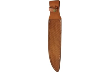 Image of Rough Rider Bowie Micarta Coffin Handle Knife, 16.25in Overall, 10.5in Satin SS Blade, Black Micarta Handle, Brass Guard, Brown Leather Sheath, RR1643 / 1088