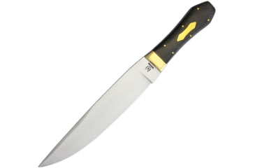 Image of Rough Rider Bowie Micarta Coffin Handle Knife, 16.25in Overall, 10.5in Satin SS Blade, Black Micarta Handle, Brass Guard, Brown Leather Sheath, RR1643 / 1088