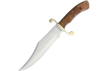 Image of Rough Rider Bowie Wood Knife, 14.5in Overall, 9in Satin SS Clip Point Blade, Brown Wood Handle, Brass Guard, Brown Leather Sheath, RR2007 / SM1083