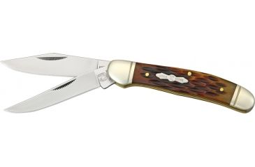 Image of Rough Rider Copperhead Fold knife, 440 SS clip and skinning blade, Amber jigged bone handle RR043